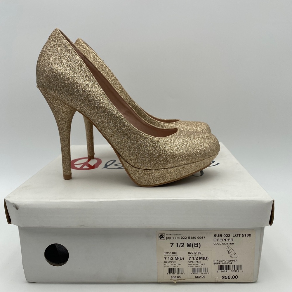 Olsenboye Size 7.5 M Gold Glitter OPepper Platform Pumps, 4.5" heel